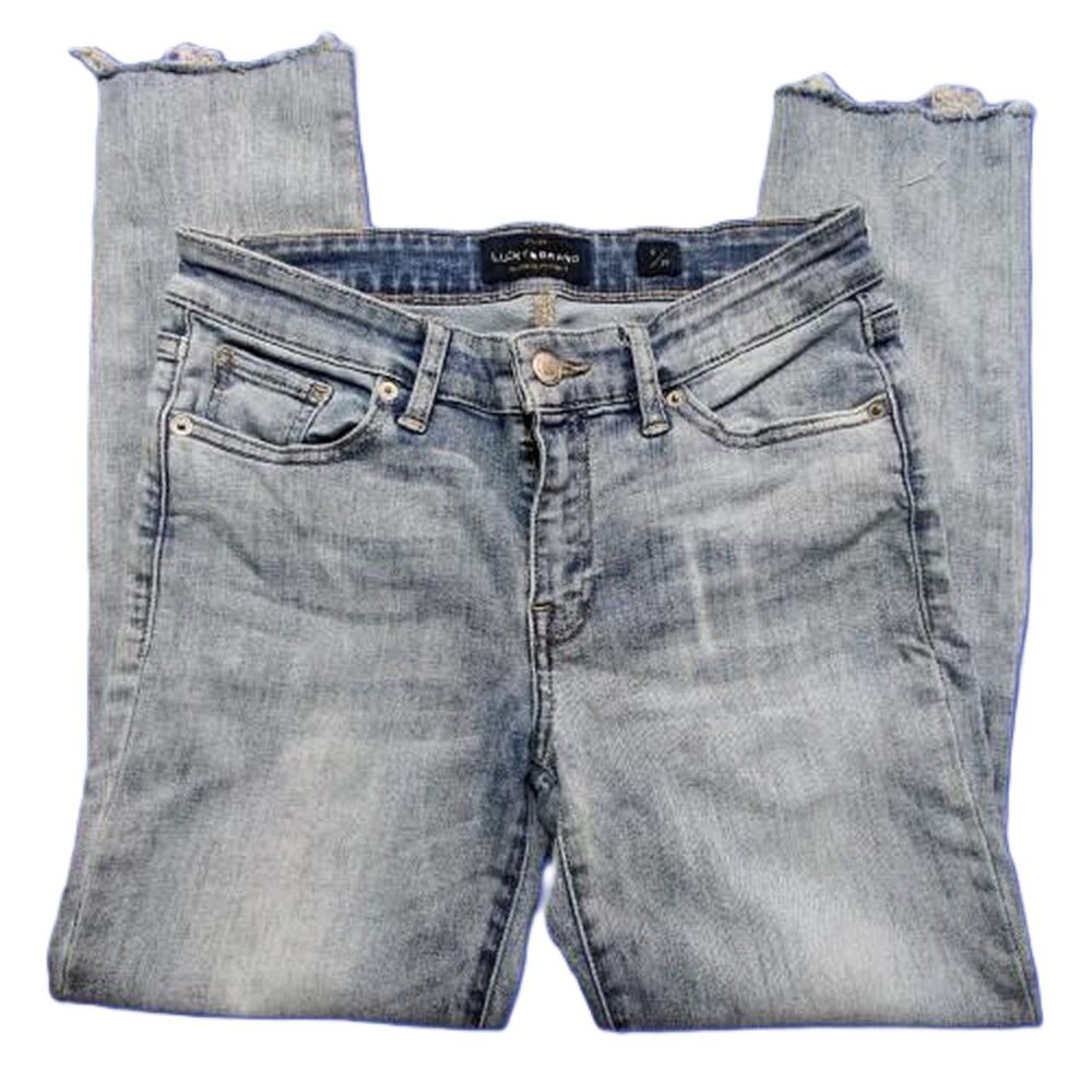 Lucky Brand Stella Skinny Jeans Womens 6/28 Distressed Raw Hem Ripped Knees Blue